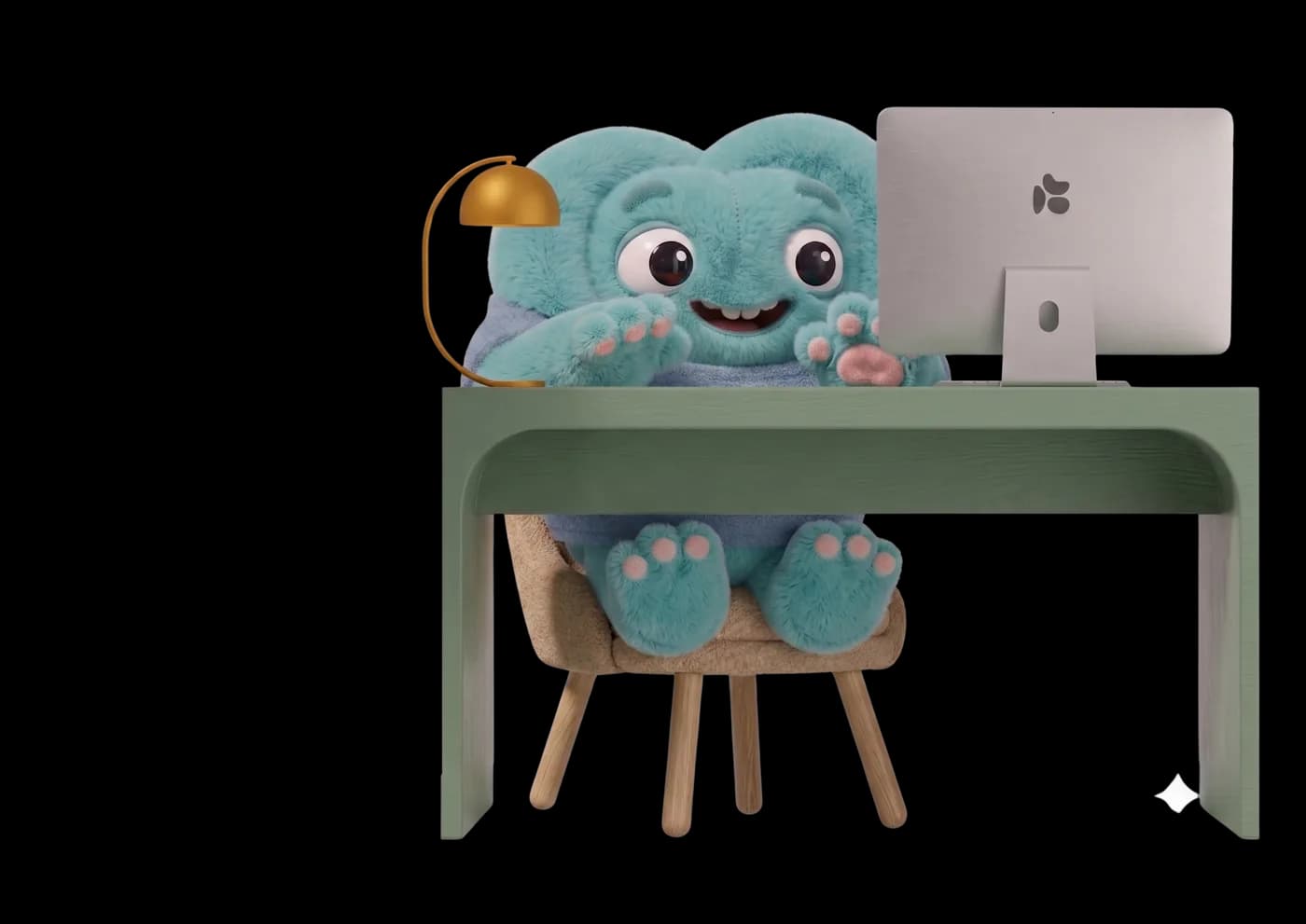 La mascotte Major, installée à son bureau devant son écran